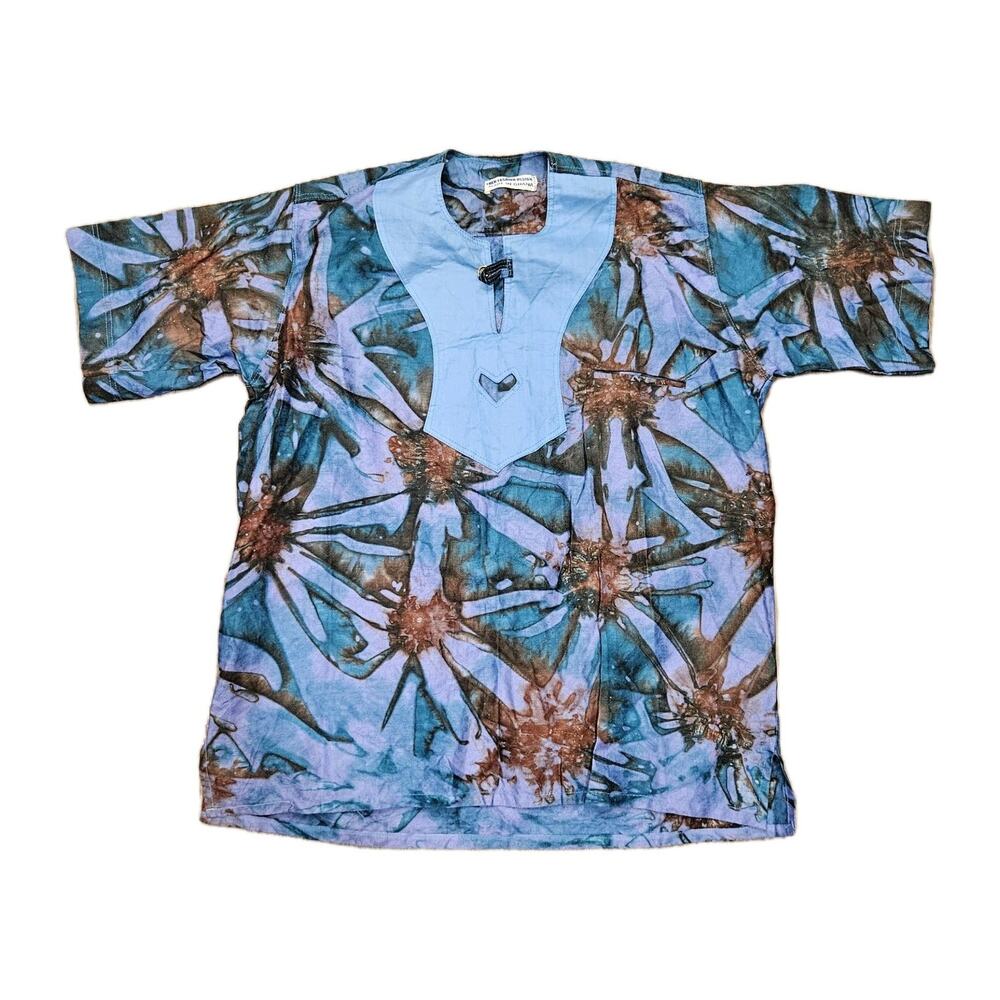 Vtg Eben Fashion Design Batik Top Size XL Blue Green Floral Ethnic Artsy Vintage